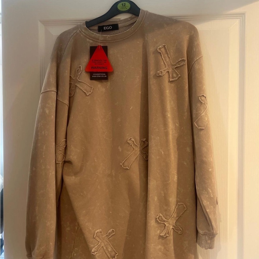 EGO Tan Crewneck Sweater with Embroidered Details